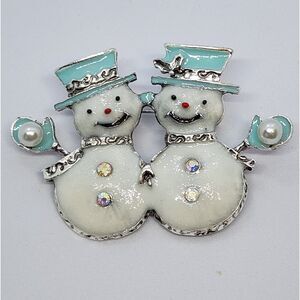 Twin Snowman Brooch Enamel Rhinestone Faux Pearl Snowballs Christmas Winter